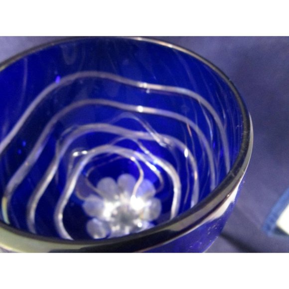 Cobalt Cut to Clear Wavy Lines Crystal Bohemian Wine Glass Unmarked Flawed - Picture 9 of 16
